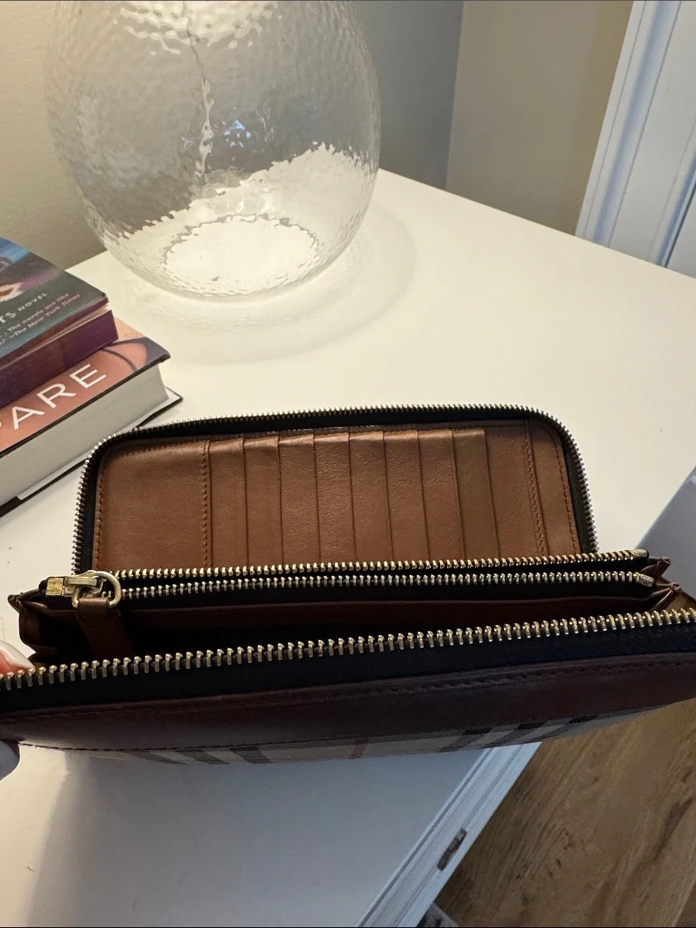 Burberry Beige Plaid Zip Wallet with Brown Trim and Red Accents